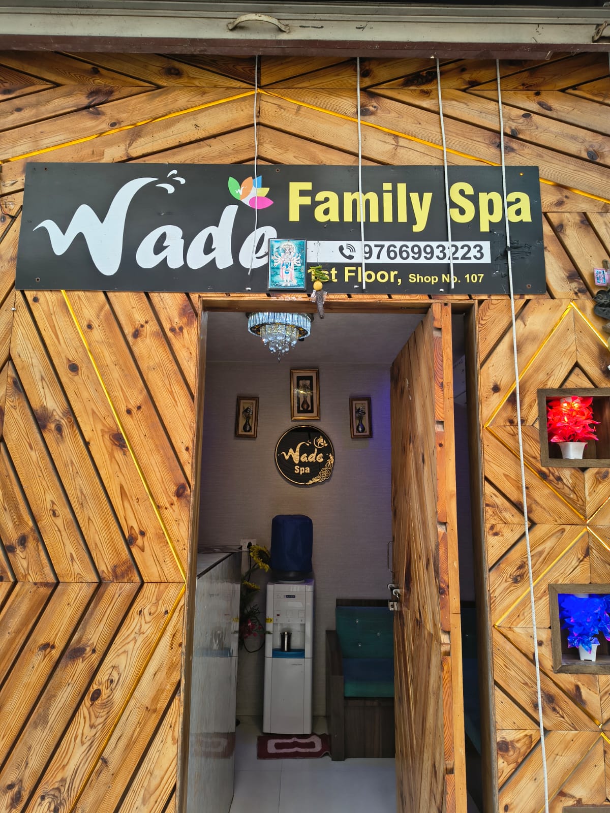 Wade Family Spa entrance signage on the first floor