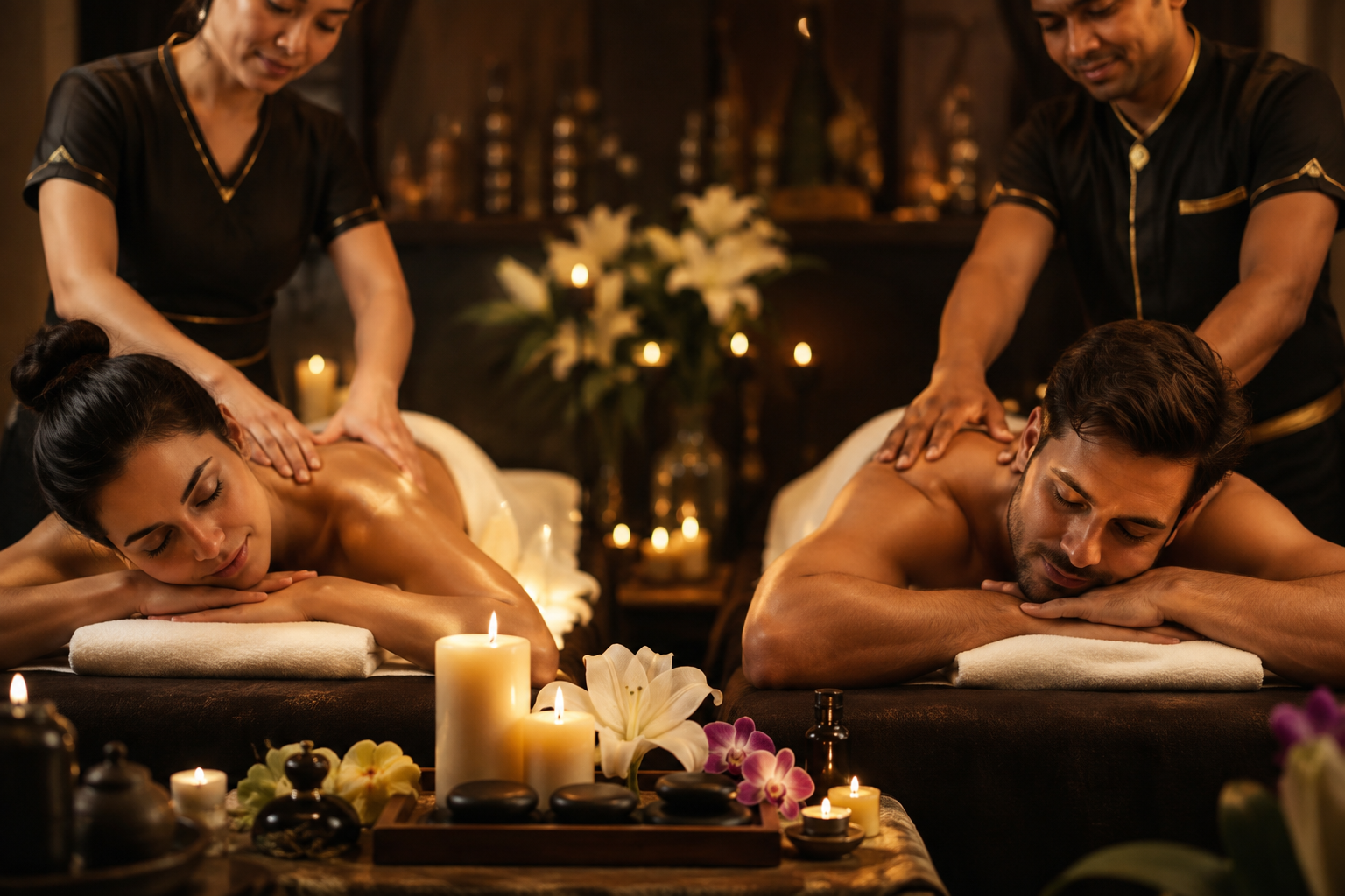 A woman and a man receiving a relaxing side-by-side massage at Wade Family Spa in Moshi, Pune