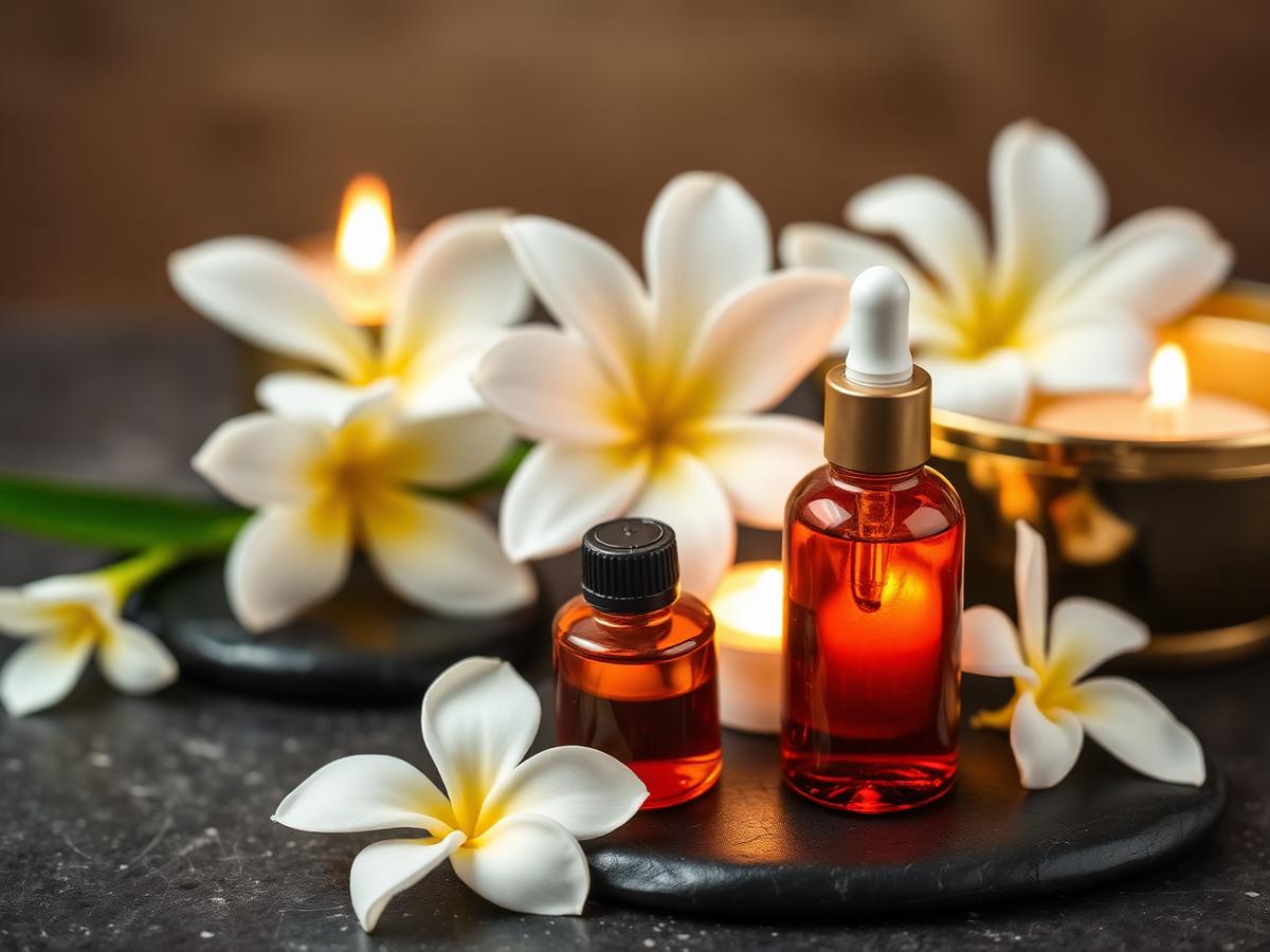 Aromatherapy massage oils and frangipani flowers