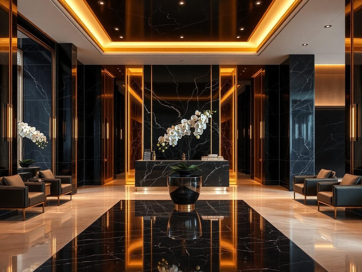 Elegant black and gold spa reception lounge
